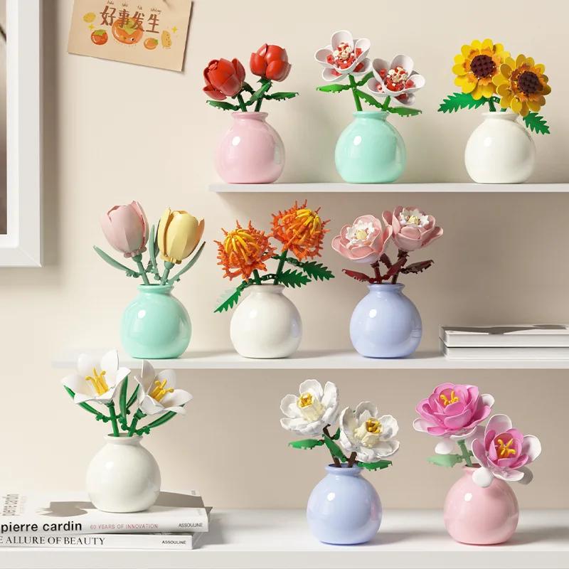 Building Block Pot Plant Bouquet of Flowers, Roses, Lily Building Blocks, Toys with Flower Pots, Cute Living Room Ornaments Gift