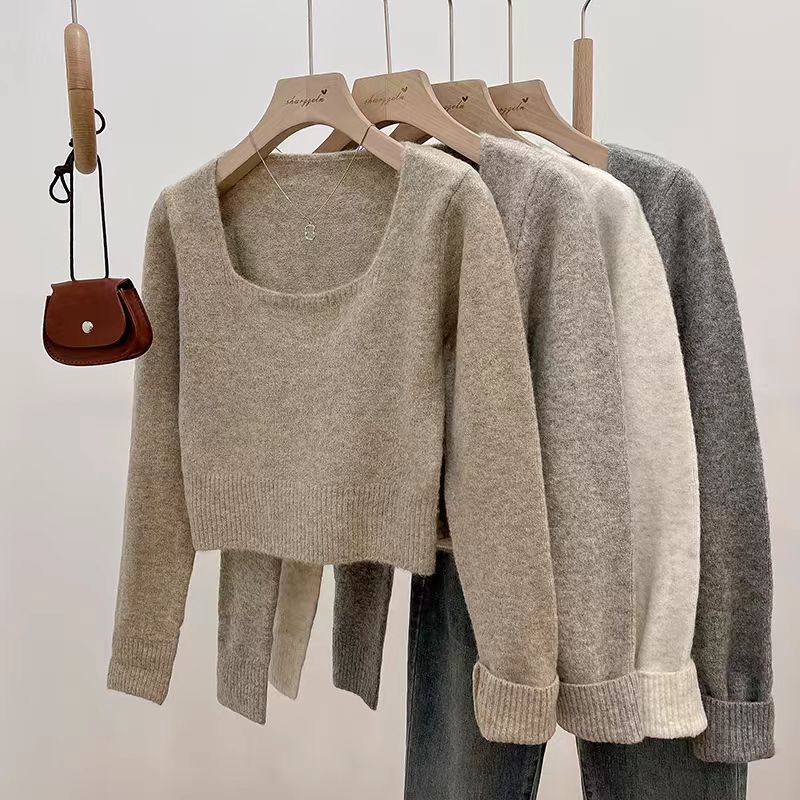 

Women s Korean Style Square Neck Knitted Top Autumn Clavicle-Baring Short Length Upper Garment S