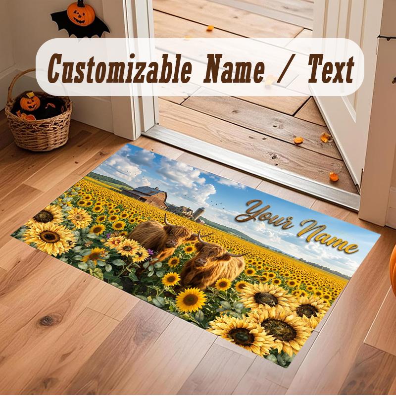 Highland Cow Theme Soft Crystal Velvet Rug Custom Name & Text Print Non Slip Floor Rug for Bedroom Living Room