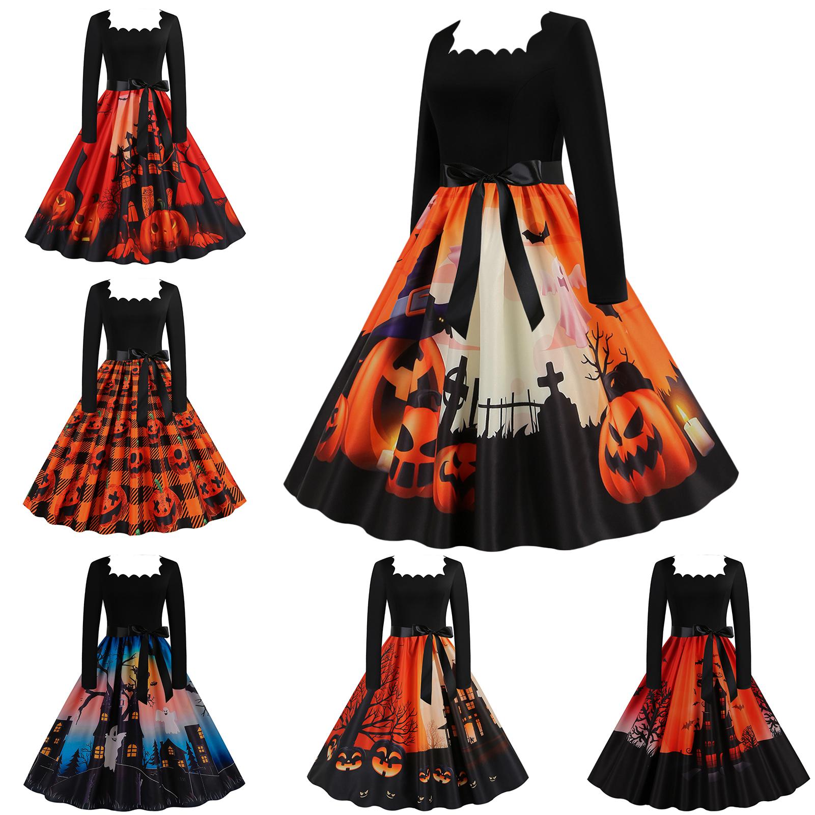 

Женское платье на Хэллоуин, повседневный костюм тыквы в стиле ретро с принтом, длинное платье