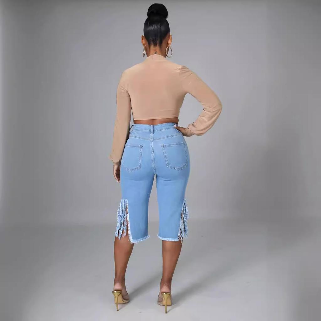 GMXIA Stretch Fringe Ripped Jeans Mid-length Pants Women