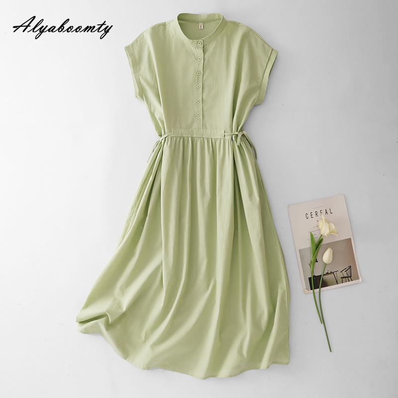 Japanese Mori Girl Candy Color Solid Basic Midi Dress O Neck Pink Blue Green Lace Up Dress Short Sleeve Baggy Cotton Dress