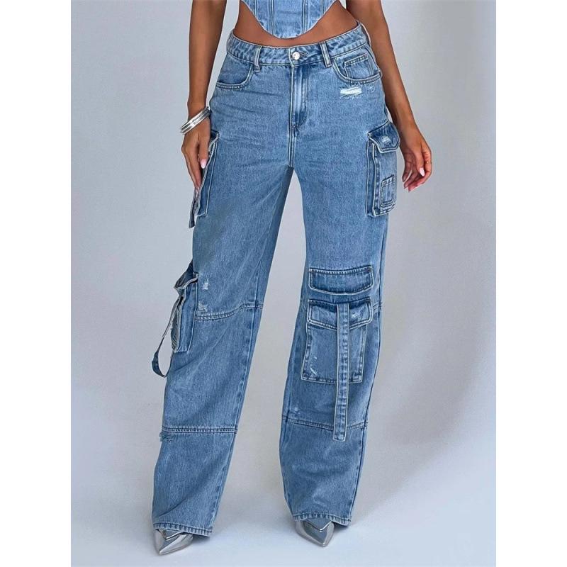 Fashion Pure Color Casual Workwear Denim High Waist Multi Pocket Loose Fit Women's Jeans Versatile plus Size
