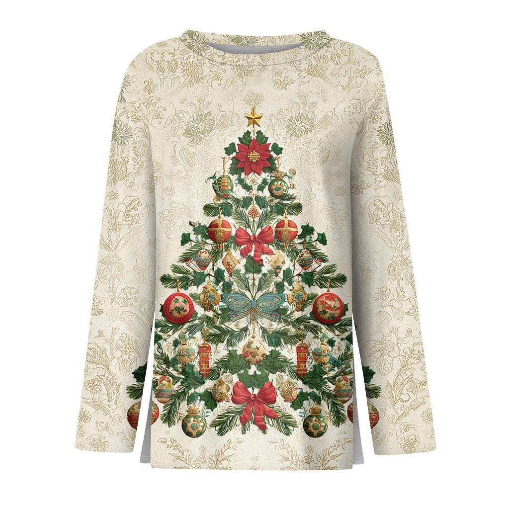 Women's Fashion Casual Slit Hem Round Neck Long Sleeve Loose  Printed T-Shirt Ladies Top