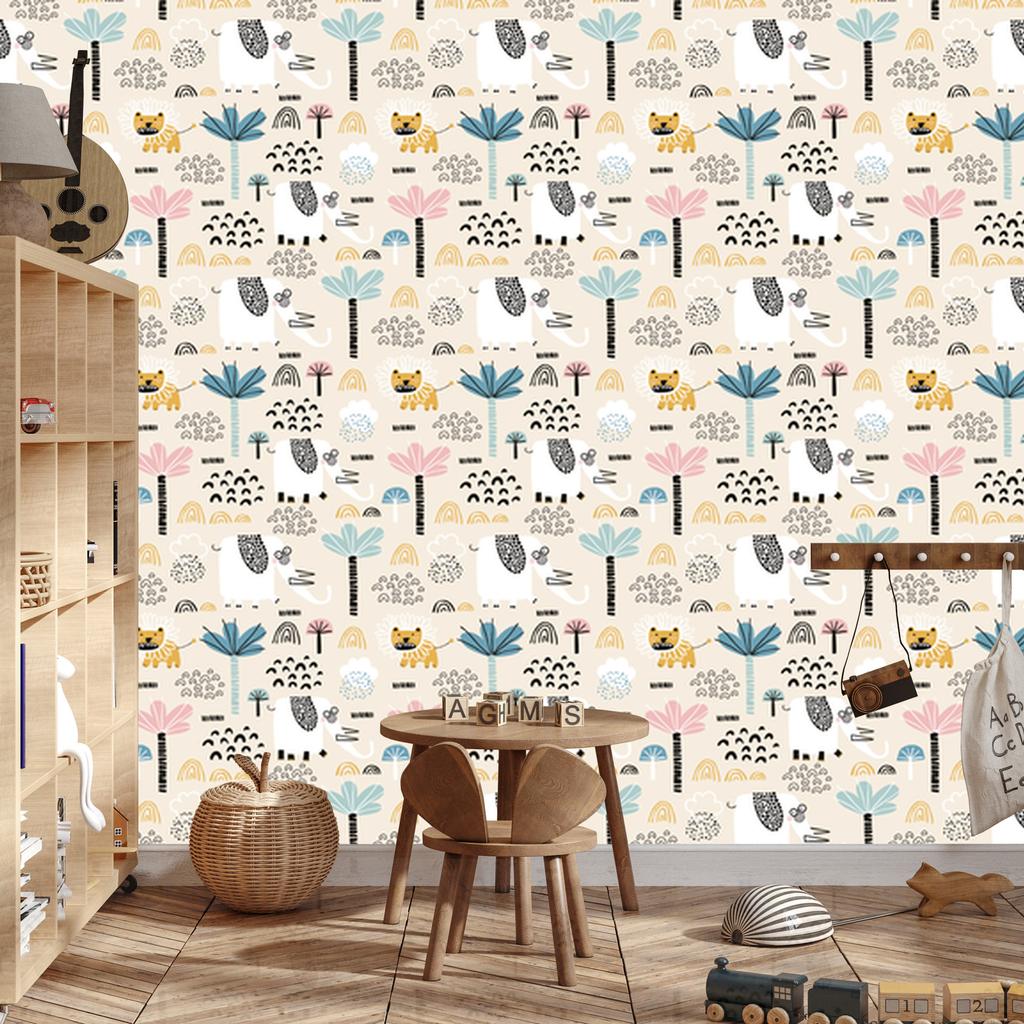 Safari Wallpaper Lions Pastel Trees for Living Room and Bedroom 50x1000