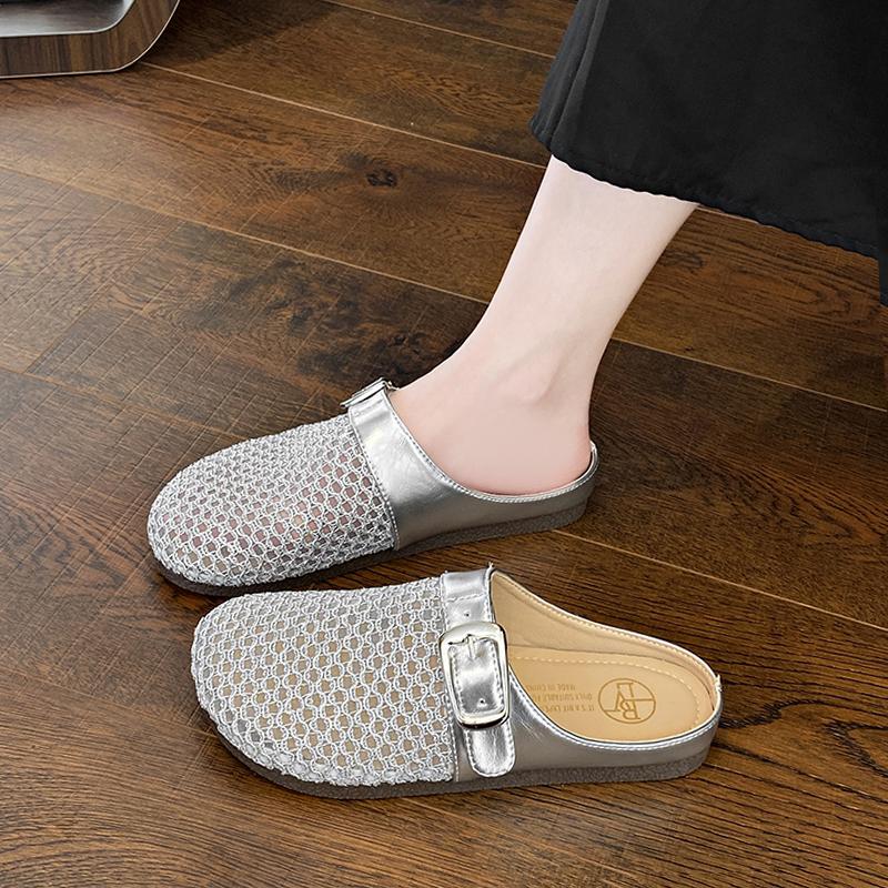 Fashion CRLAYDK Mule for Women Backless Loafers Slip On Mesh Hollow Out Flat Casual Walking Ladies Slides Closed Toe Buckle Slippers