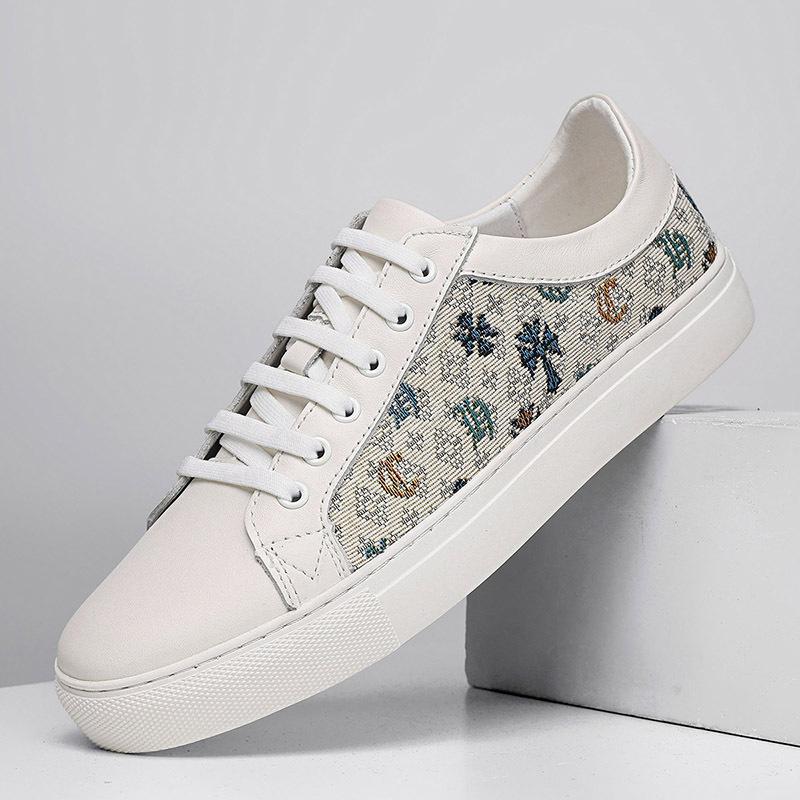 New Men Genuine Leather Casual Shoes Trend Canvas Print Flat Skate Shoes Young Man Cool Loafers