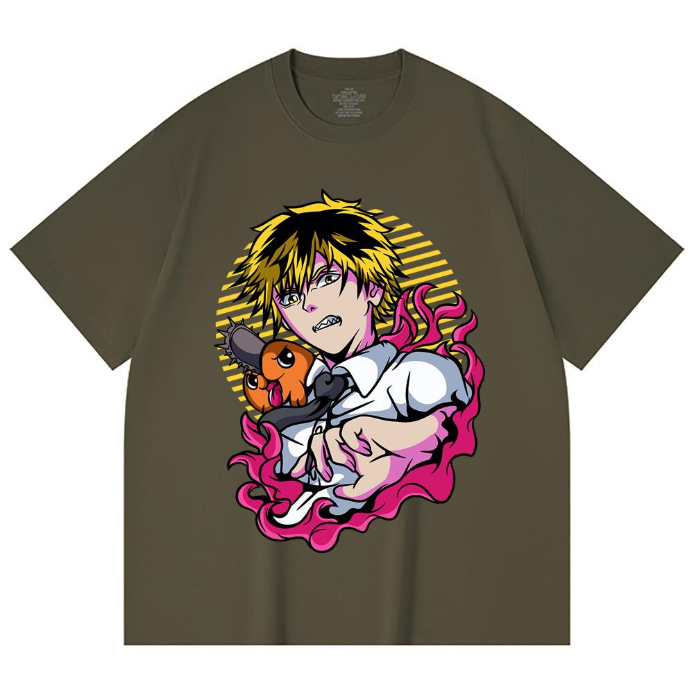 230 g/m² 100% Baumwolle Kettensägenmann V4 Denji Pochita Aufdruck Unisex Schweres Baumwoll-T-Shirt