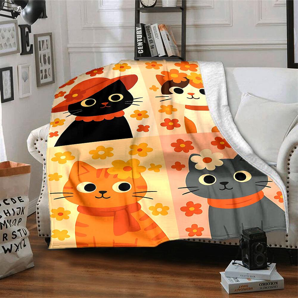 1pc Floral Cats Print Blanket - Lightweight Flannel Blanket For Sofa, Bed, Living Room, Office, Outdoor Travel, Camping, Soft 069