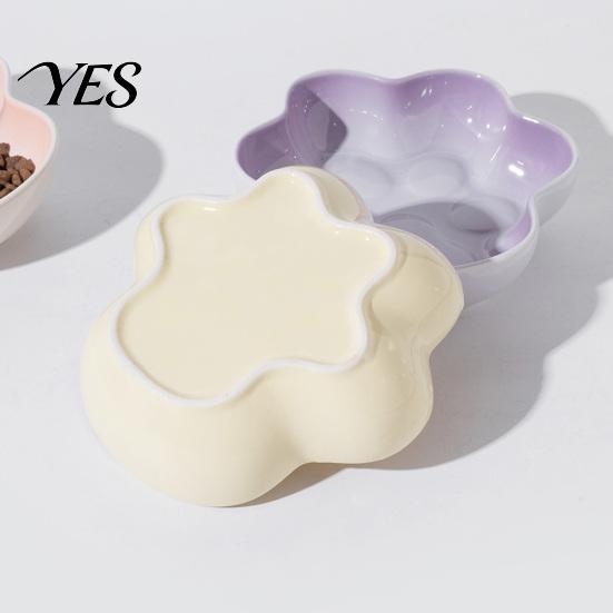 Healthy Ceramic Dog Bowl Cat Paw Shape for Cats, Anti-Whisker Fatigue Kitten Food Pet Feeder Water Dish, Microwave Dishwasher Safe Wide Shallow Plate
