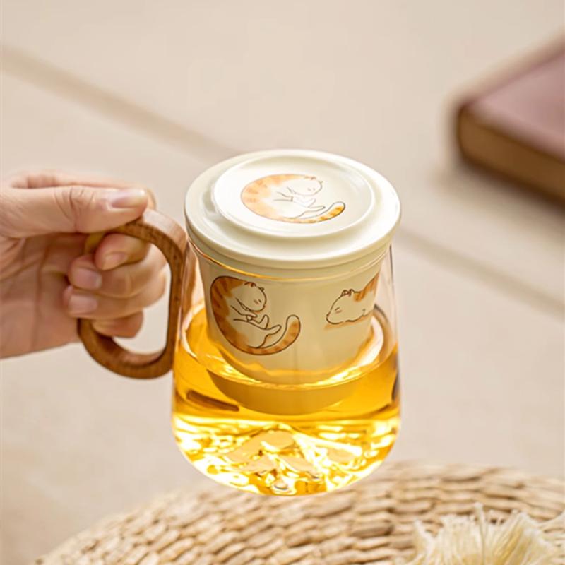 380ml Chinese Ceramic Tea Cup Mug with Lid Glass Strainer Handmade Cute Cat Teacup Tea Water Separation Cup Travel Teaware