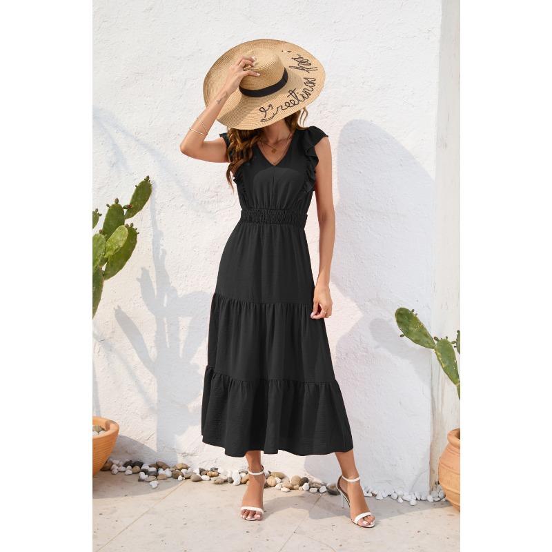 V-Ausschnitt Hohe Taille Langes Kleid Lässig Urlaubsreise