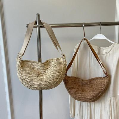 Stroh Knödel Reißverschluss Kleine Umhängetasche Gewebt Sommer Strand Damen Korb Weide Unifarben Crossbody Tasche KTY