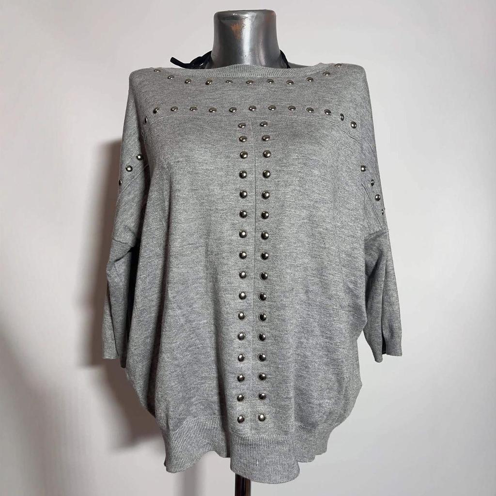 Vintage Retro Unifarbener Nieten Lockere Passform Langarm-T-Shirt