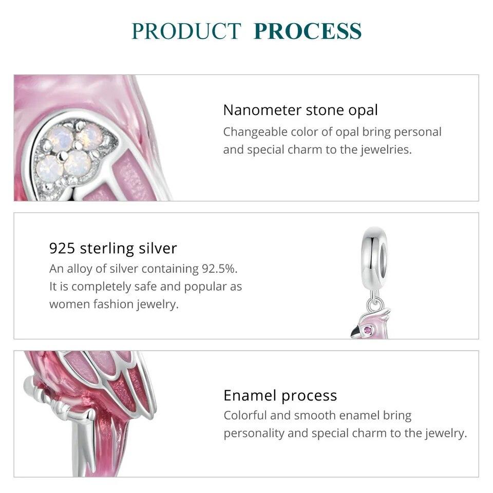 Bamoer 925 Sterling Silver Pink Parrot Pendant Charms Cute Bird Beads for Women Original Bracelet and Necklace DIY Accessories