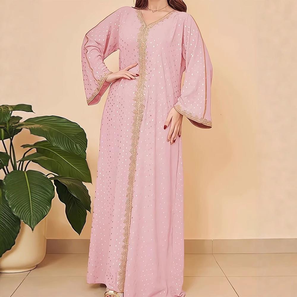 Elegant 2025 Dubai Dress: Gold Stamped Robe for Women from Middle East, Indonesia, Turkey