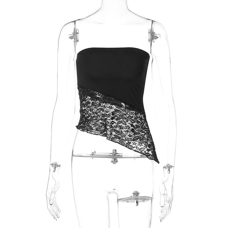 

Shemoda Sexy Sexy Lace Patchwork Oblique Hem Waist-Baring Slim-Fit off-Neck Tube Top Tops Women s Easiest for Match Chest Wrap Black S