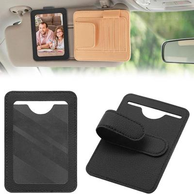 1PC Leather Car Sun Visor Card Holder – Temporary Parking Number Plate & Photo ID Clip – Hidden Car Interior Organizer
