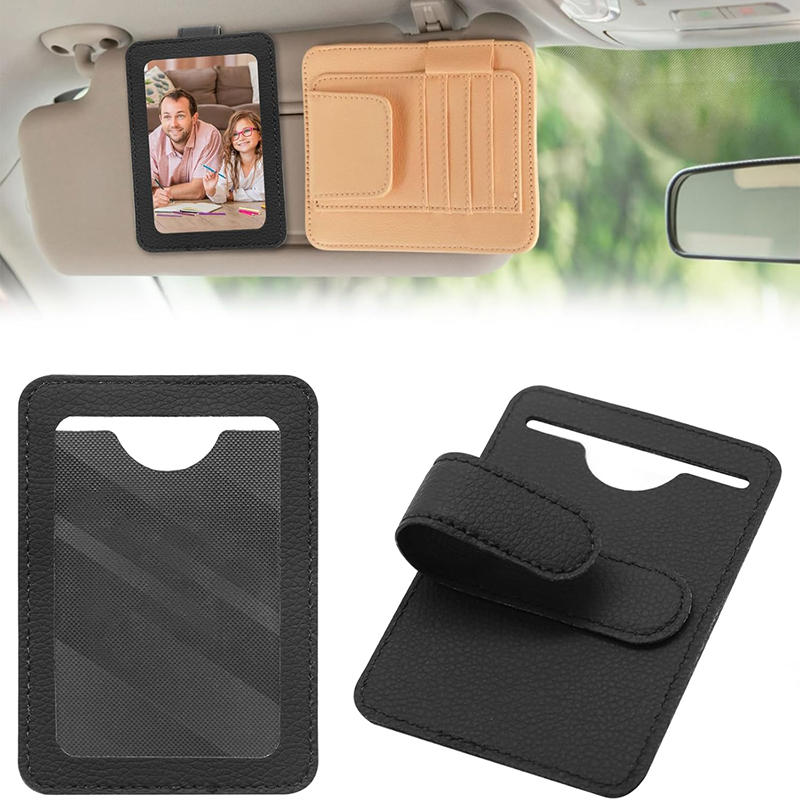 PU Leather Car Sun Visor Card Holder – Temporary Parking Number Plate Photo ID Clip – Hidden Car Interior Organizer
