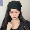 British Style Pillbox Hat Cashmere Stewardess Cap Vintage Wool Bow Hat with Veil  Wedding