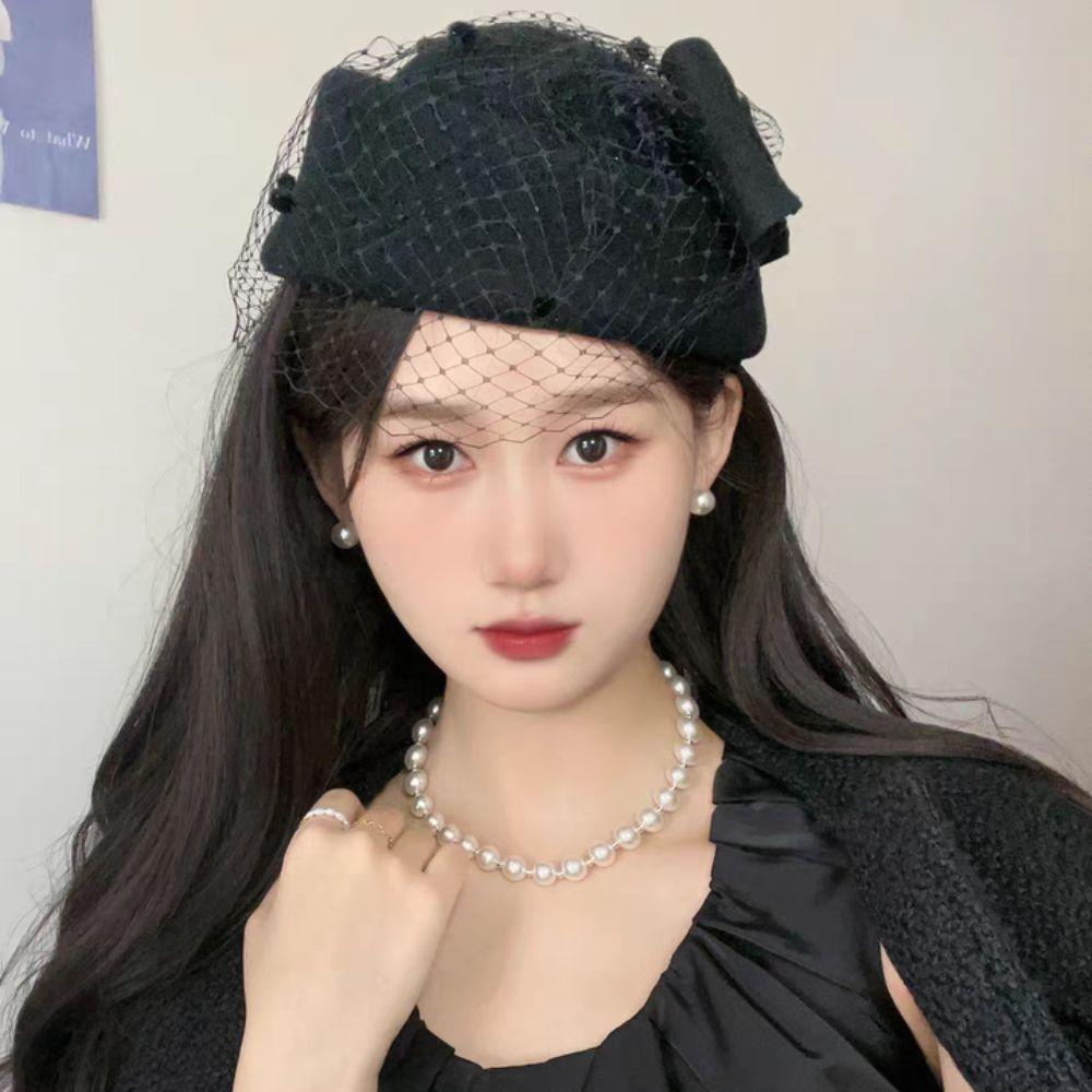 British Style Pillbox Hat Cashmere Stewardess Cap Vintage Wool Bow Hat with Veil  Wedding