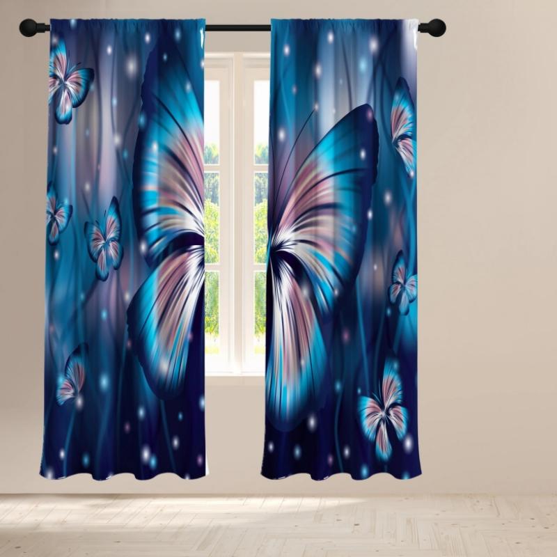 Blue and Purple Butterfly Element Printed High Shading Curtain Rod Window Treatment for Bedroom Office Kitchen Room