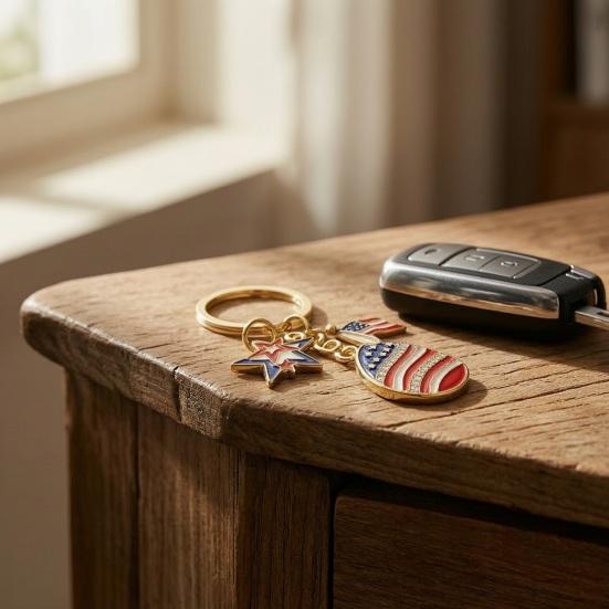 Independence Day Keychain Pendant, Enamel Zinc Alloy Key Holder with USA Letters Stars Hearts Patriotic Design, American Flag Accessory