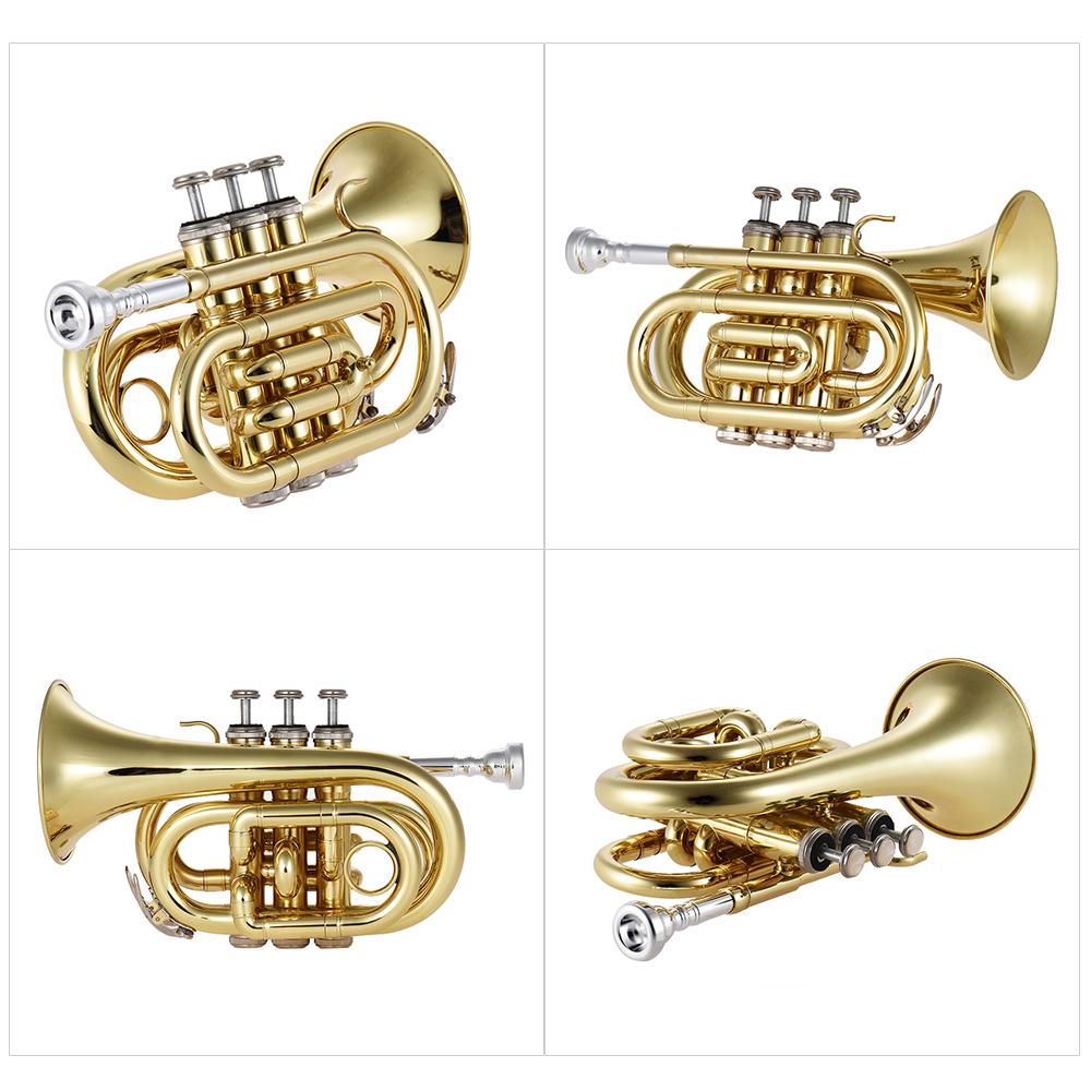 Mini Pocket Trumpet Bb Flat Brass Wind Instrument with Mouthpiece Gloves Cleaning Cloth Carrying Case