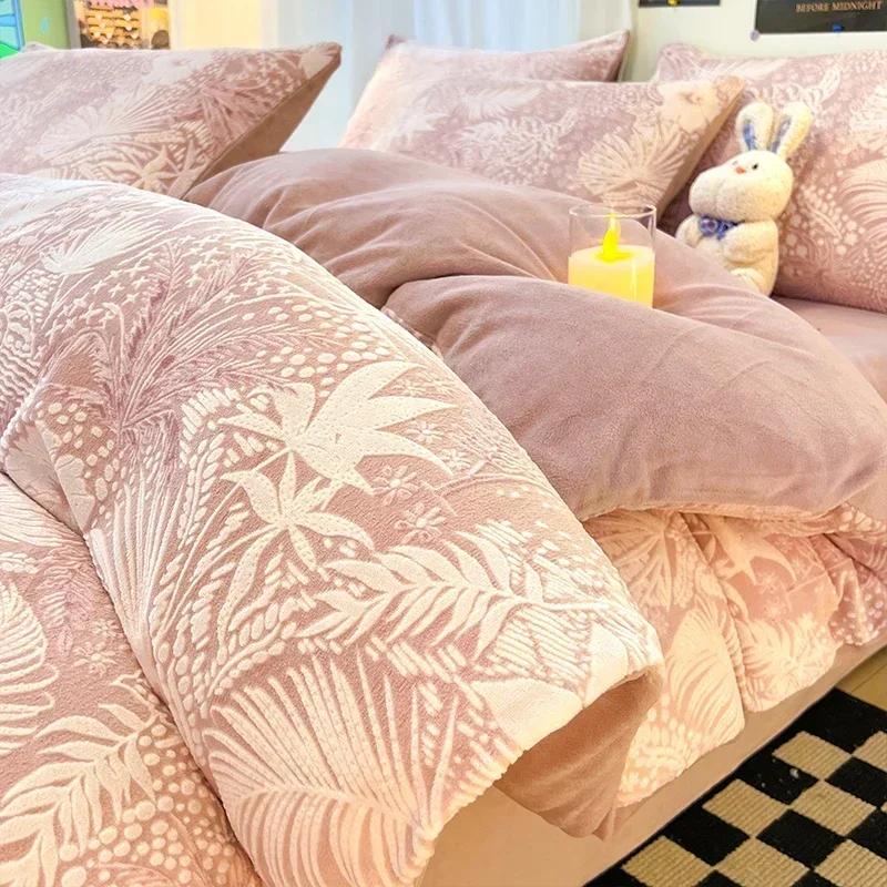 Winter Dickes Bedrucktes Milchsamt Vier-Teile-Set Bequem und Warm Kurzplüsch-Bettbezug 3-teiliges Set Kinderbettlaken