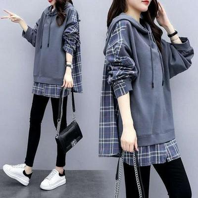 Cotton Hooded Sweatshirt for Women - Fake Two-Piece, Korean Style, Loose Fit, New 2022 Spring & Autumn Trend