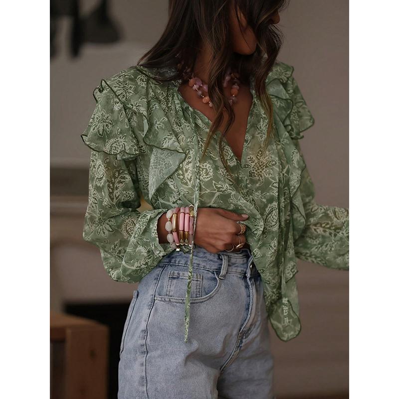 New Arrival Women's Botanical Print Off-Shoulder V-Neck Long-Sleeved Patchwork Ruffled Oversized Shirt