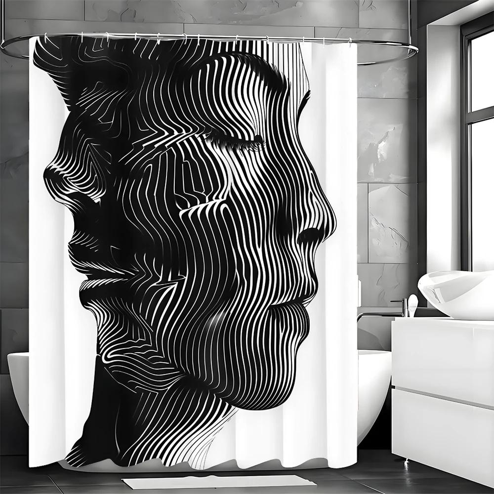 Moderní jednoduchý abstraktní portrét sprchový závěs, Dekorativní sprchový závěs do koupelny, Nepromokavý sprchový závěs s háčky