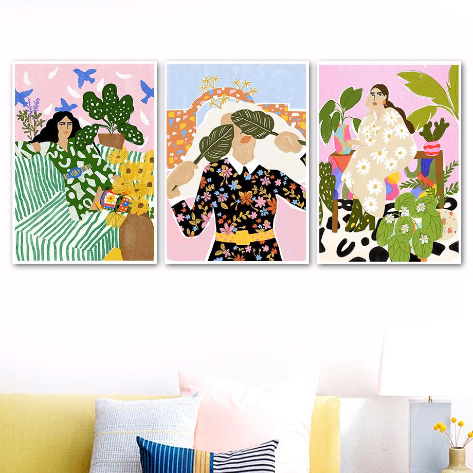 

Fashion Girl Monstera Leaf Flowers and Birds Wall Art Painting Nordic Posters and Prints Wall Pictures Living Room
