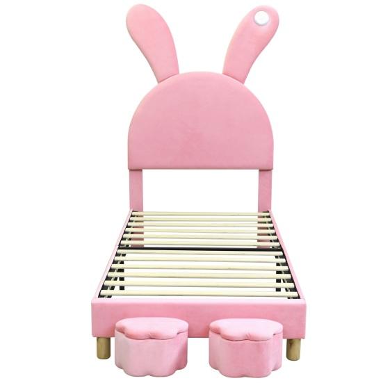 Polsterbett 90x200, mit zwei Stauraumhockern, LED-Nachttischleuchte, Ausklappbare Hasenohren, Ohne Matratze, Jugendbett, Lattenrost, Höhenverstellbar
