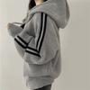 Korean Zipper Stripe Knitted Cardigan Women's Autumn Winter Oversized Y2k Outer Wear Lazy Wind Lapel Hooded Sweater Jacket Coats