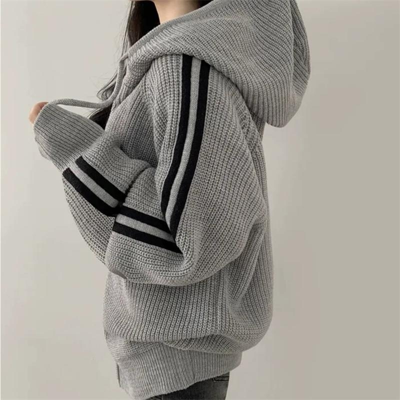 Korean Zipper Stripe Knitted Cardigan Women's Autumn Winter Oversized Y2k Outer Wear Lazy Wind Lapel Hooded Sweater Jacket Coats
