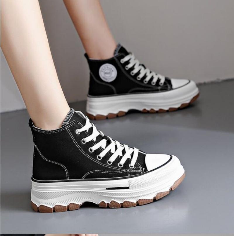 Women High Top Sneakers Lace-Up Casual Plarform Height Canvas Non-Slip Wear Resistant Spring Female Vulcanize Shoes