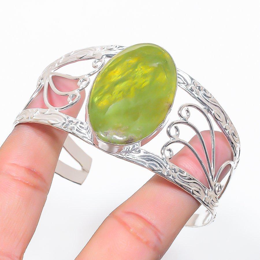 Natural Nephrite Gemstone 925 Sterling Silver Cuff Bangle Adjustable Z6r77