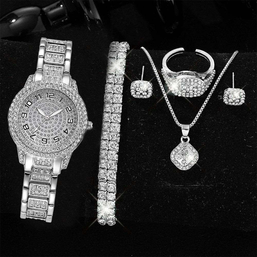 Full Diamond Roman Literal Steel Belt Women's Watch Gypsy Temperament Business Quartz Watch Women's Watch Jewelry Set