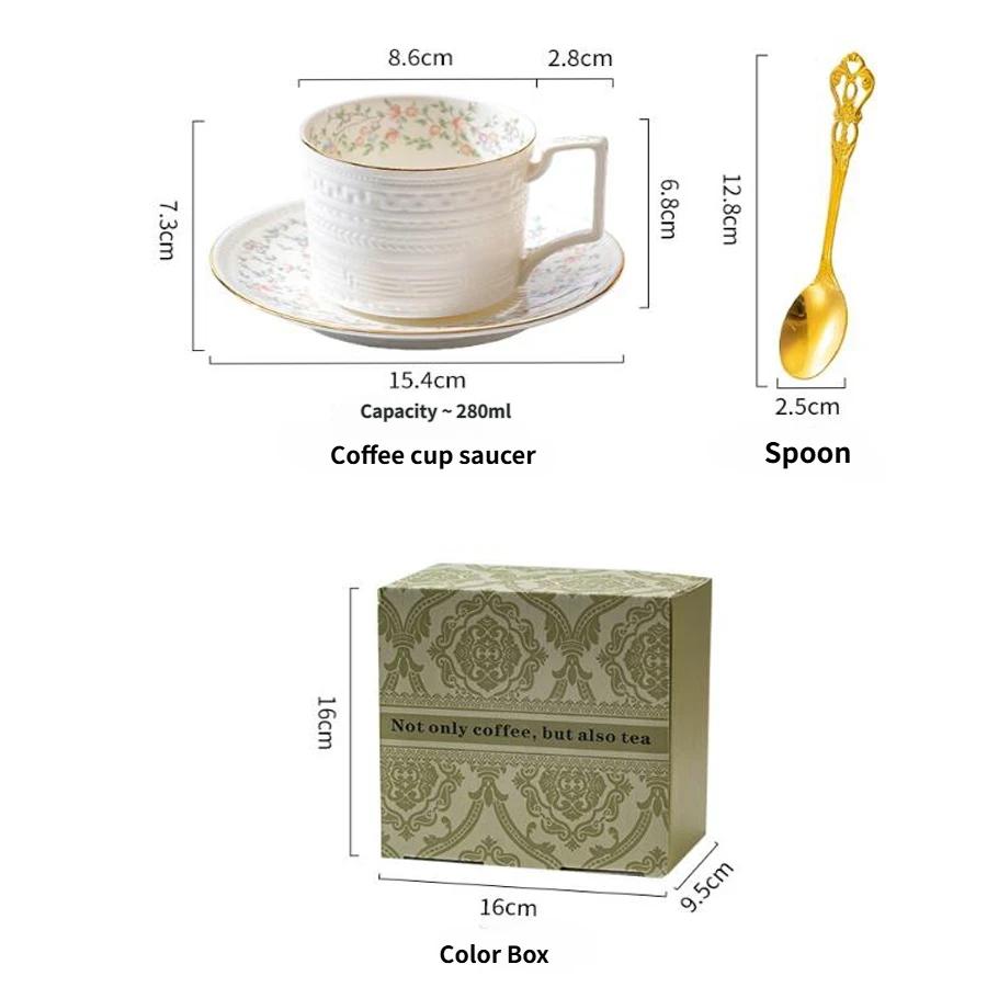 Vintage Floral Ceramic Coffee Cup & Saucer Set with Spoon, Gift Box, 280ml for Afternoon Tea