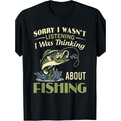 1 Men's I'm Sorry I'm Not Listening To fishingT-shirt Regular Version Short Sleeve Black with Fishing Humorous Fishing