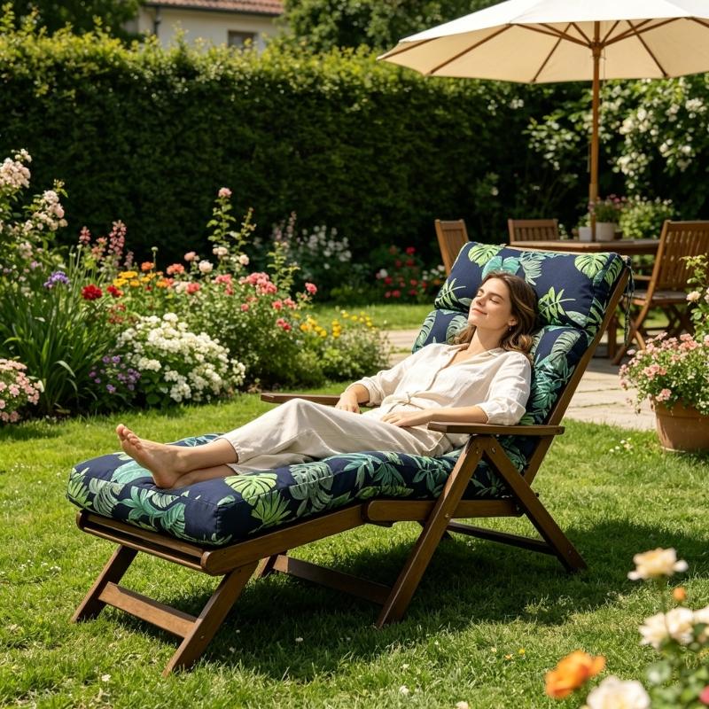 Garden Chair Pad with High Back Headrest, Tufted Outdoor Form and Seat Anchors 125 x 55 cm for Porch Use Daily