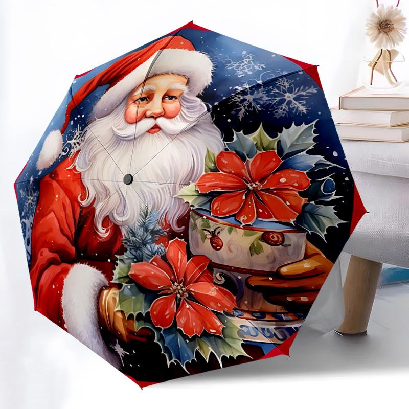 1PC Christmas Santa Claus Automatic Open/close Umbrella with 8-Rib Structure for Women/Men, All-Season Use - Travel Essential, Stylish Accessory, High