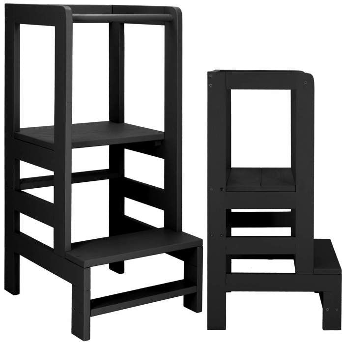 Springos® Tour d'apprentissage et observation pour enfants, Montessori Kitchen Helper en bois massif | DIY - Noir