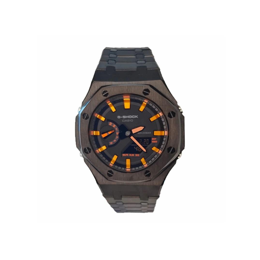 

CASIO Men Liquid Crystal,Analog Dual Display Series Black Watch GA-2100-1A1(Watch3--) Neon Orange Steel Band