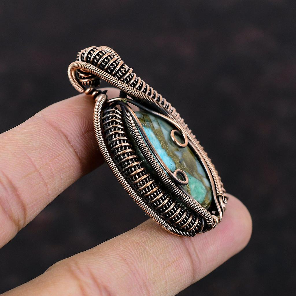 Copper Amazonite Pendant Copper Wire Wrapped Gemstone Jewelry Handmade Unique Pendant Amazonite Jewelry For Gift Copper Wire Wrapped Pendant