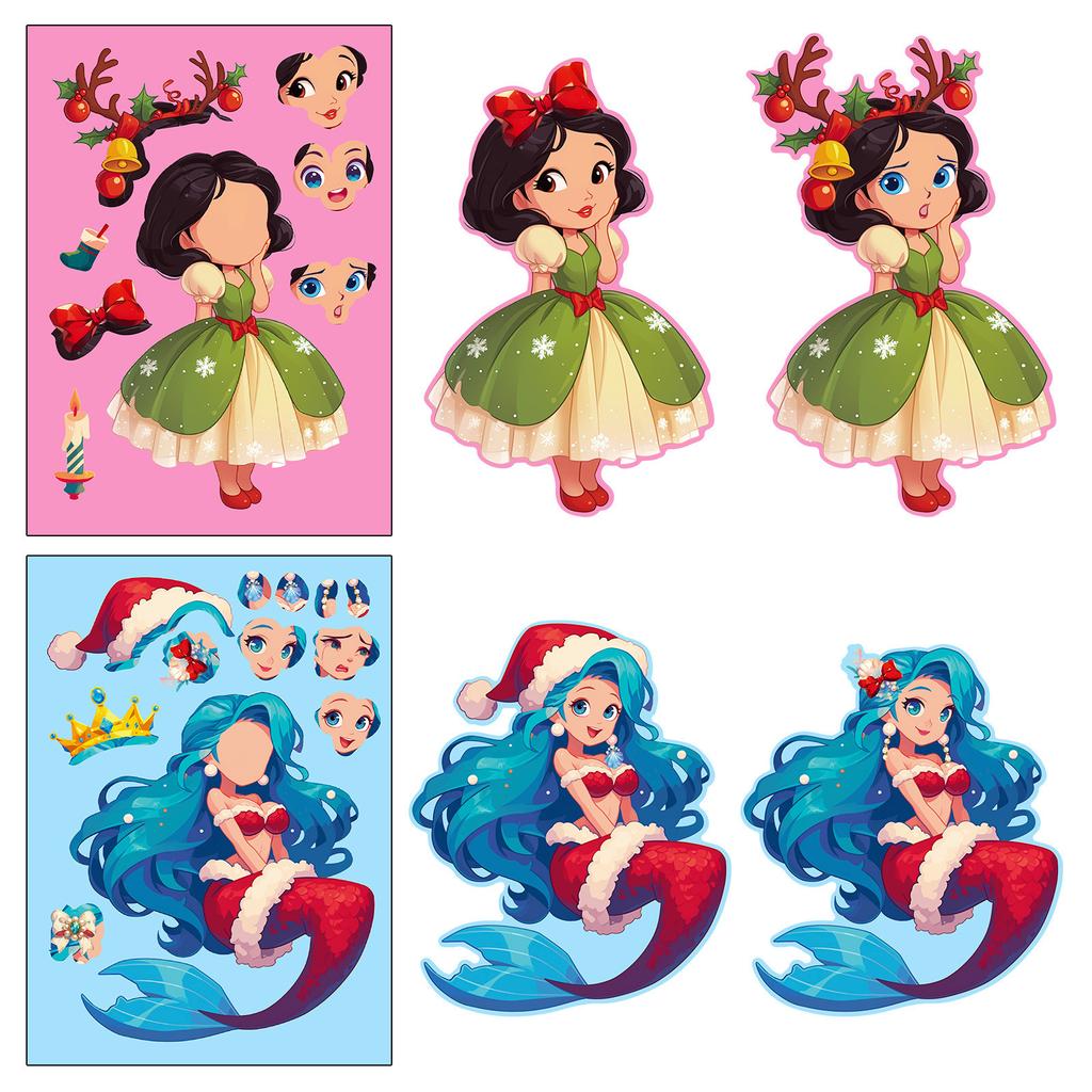 6 Pieces/pack Christmas Princess Series Face Change Stickers Puzzle Doodle Mermaid Elf DIY Decoration Stickers Paper