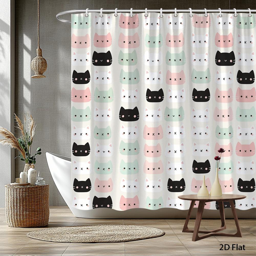 

1pc Cat print shower curtain with hooks, machine washable polyester material, suitable for bathroom décor. 90X180cm
