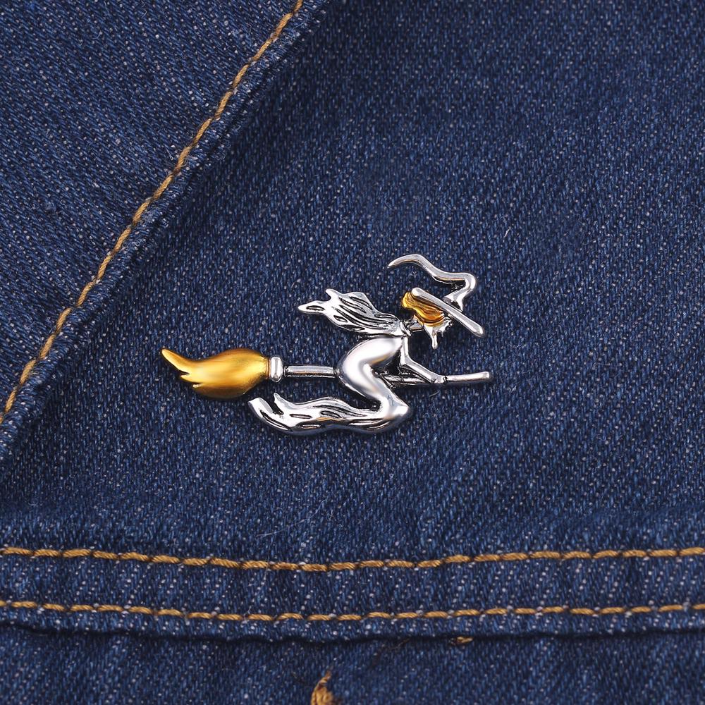 Top Quality Unique Metal Witch Riding A Broom In Flight Yellow Hair Hat Lapel Pins Brooch Women Accessories for Women