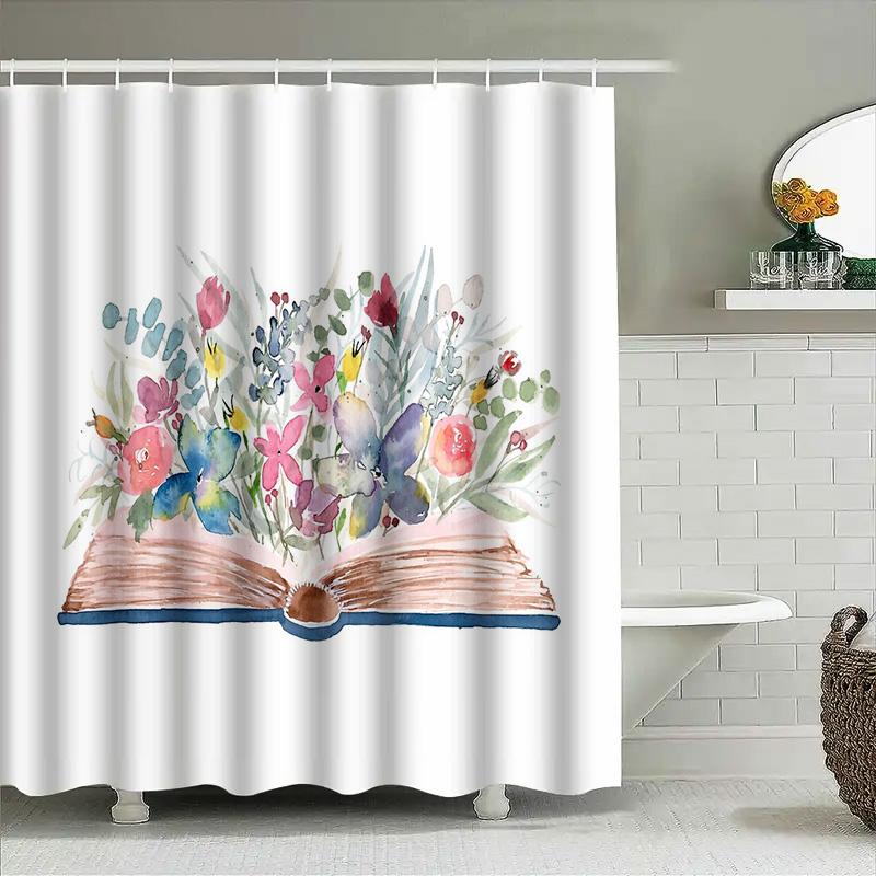 Floral Book Bath Curtain Botanical Shower Curtain Vintage Library Aesthetic Home Decor Reading Lover Gift Unique Pattern Waterpr